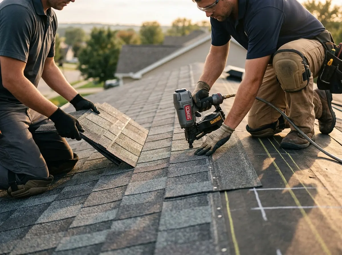 Professional roofer working on a residential roof in Perkiomen